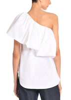 A back angle of a model wearing a one shoulder white poplin ruffle top.
