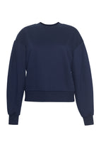 A front view of a navy sweatshirt without a model..