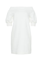 A front view of an ivory off the shoulder dress without a model.