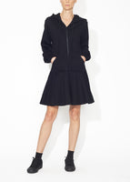 A front view of a black hooded zip up dress.
