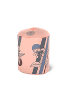 A candle with a light pink case, featuring a leaf design.